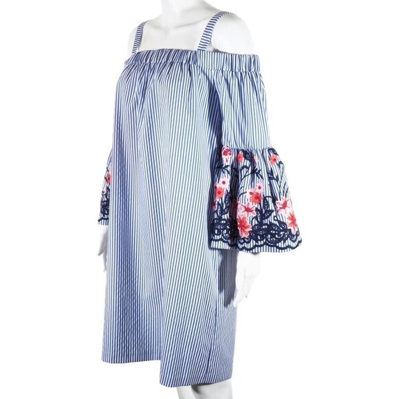 J Howard Dress Size 14 Striped Embroidered Bell Sleeve Blue White Red Beachy - Picture 4 of 9